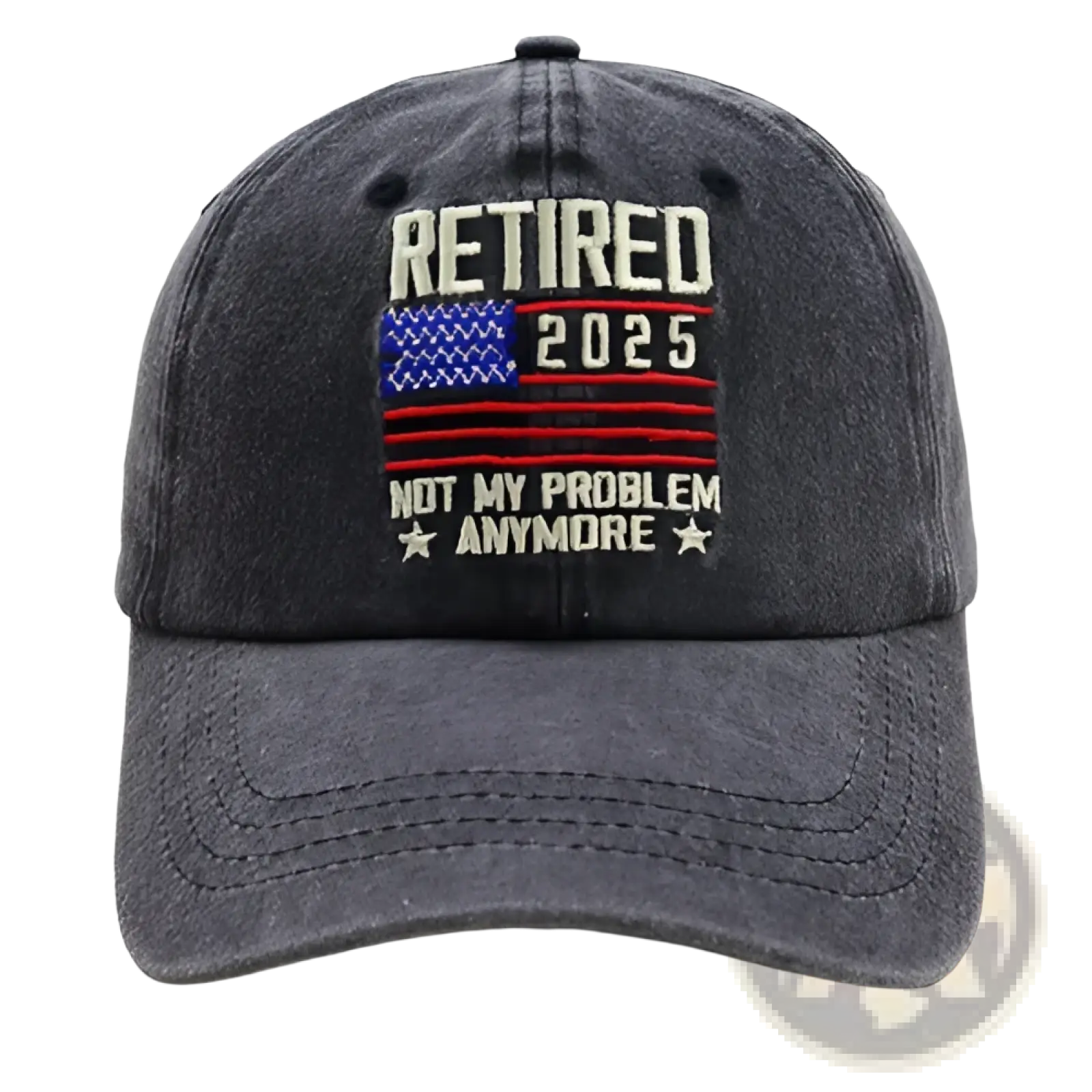 Dark gray distressed baseball cap with embroidered retirement 2025 text and american flag design
