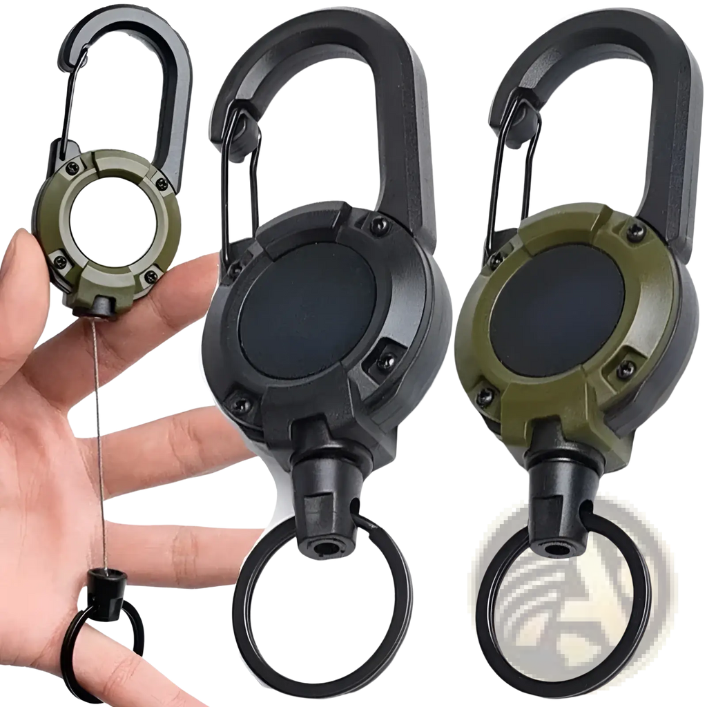 Black and olive green tactical retractable carabiner keychains with heavy duty steel wire for secure key management