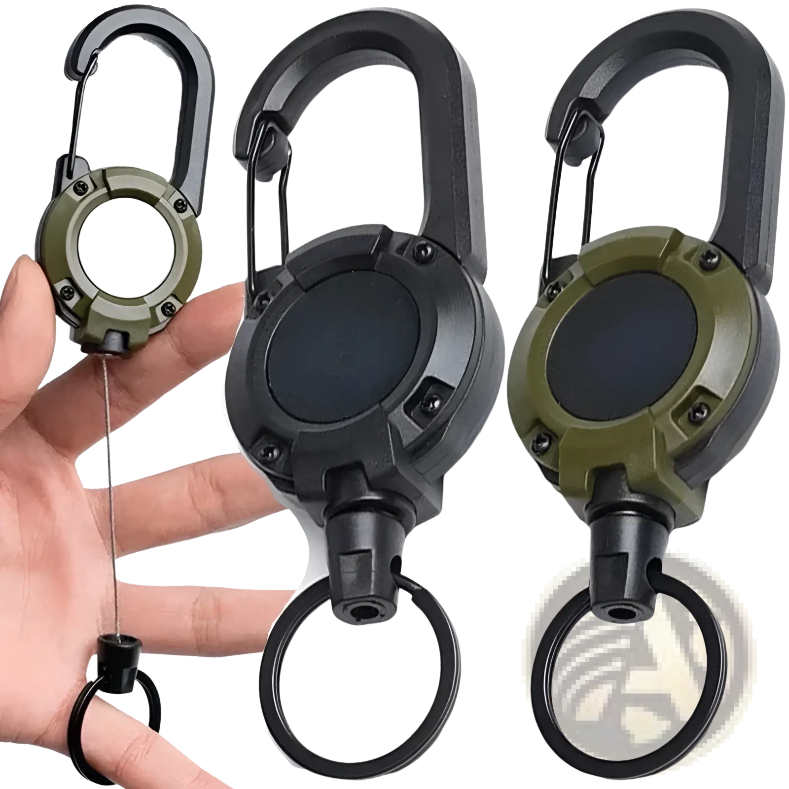Black and olive green tactical retractable carabiner keychains with heavy duty steel wire for secure key management