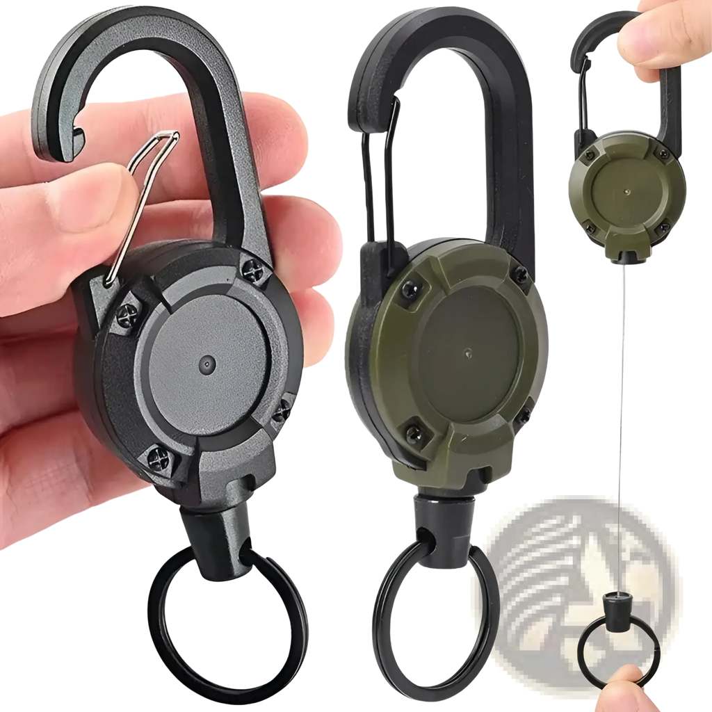 Retractable carabiner keychain in black and olive green with heavy duty steel wire, metal hook, and screw-secured housing