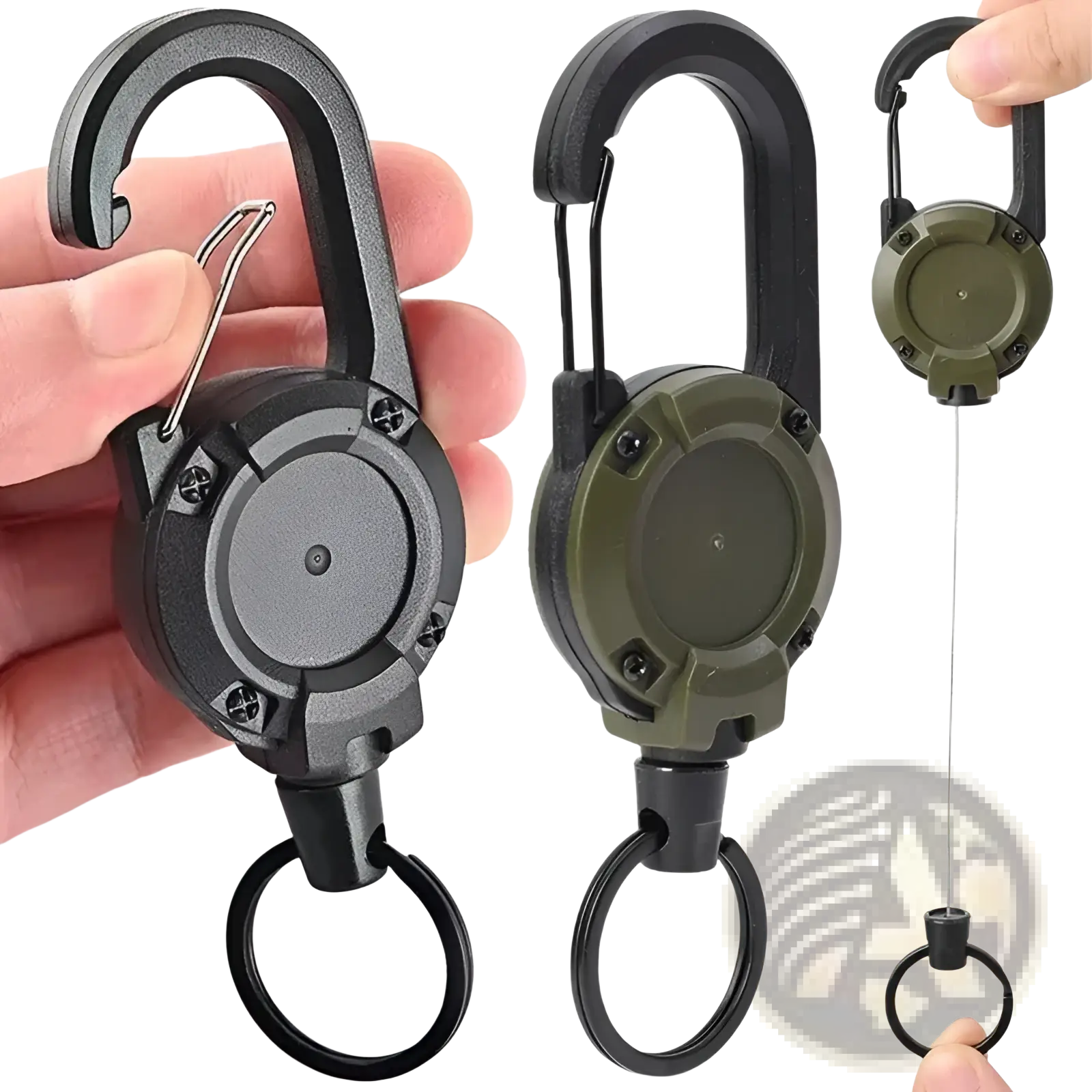 Retractable carabiner keychain in black and olive green with heavy duty steel wire, metal hook, and screw-secured housing