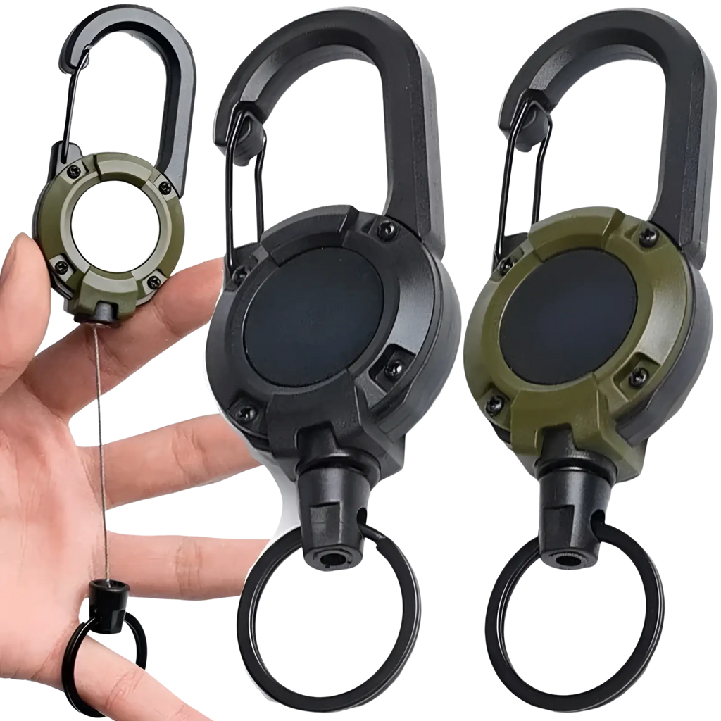 Black and olive green tactical retractable carabiner keychains with heavy duty steel wire for secure key management