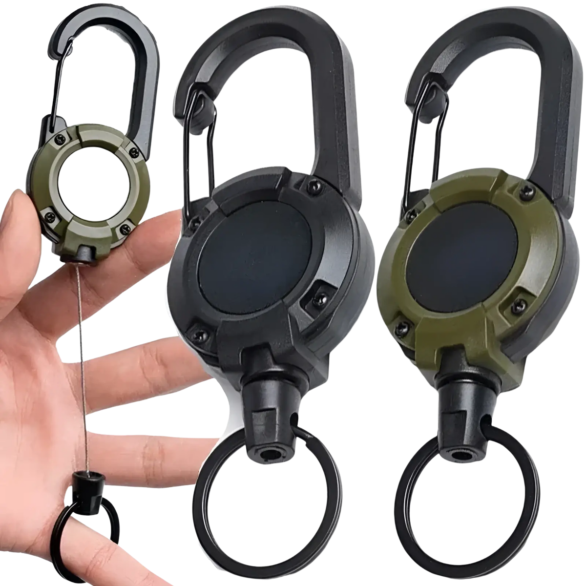 Black and olive green tactical retractable carabiner keychains with heavy duty steel wire for secure key management