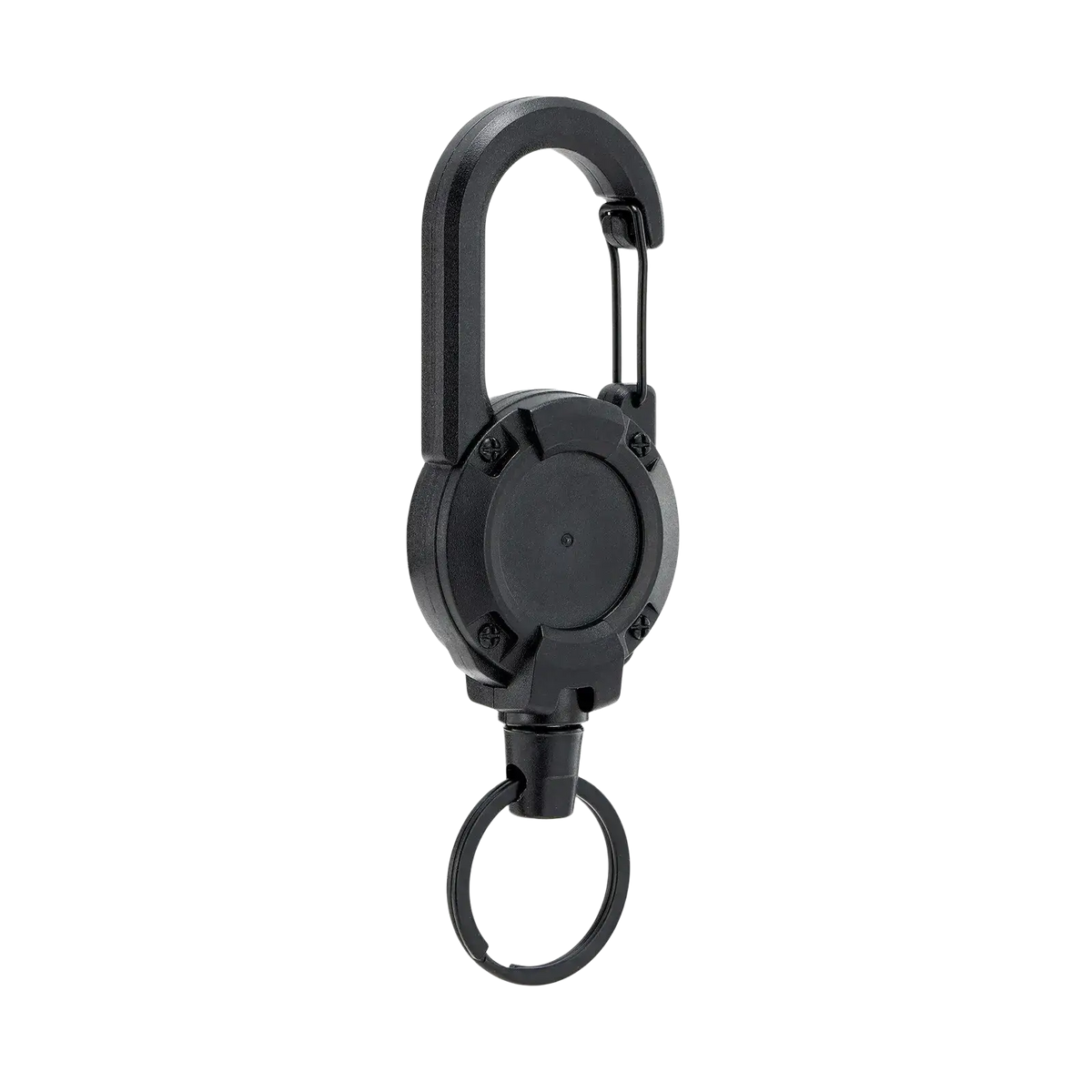 Black plastic retractable carabiner keychain with circular housing and heavy duty steel wire for secure attachment