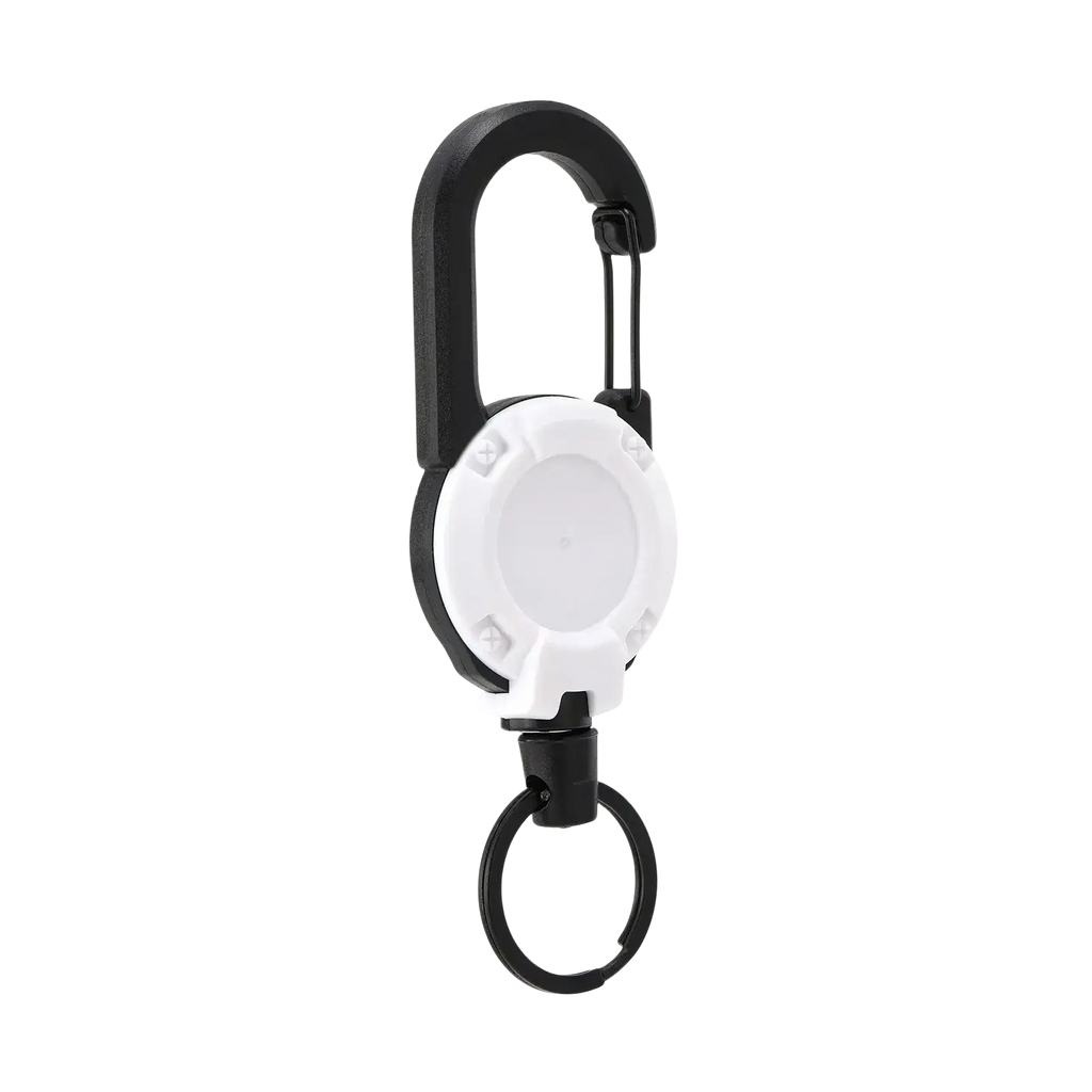 Black and white retractable carabiner keychain with heavy duty steel wire for secure and convenient key management