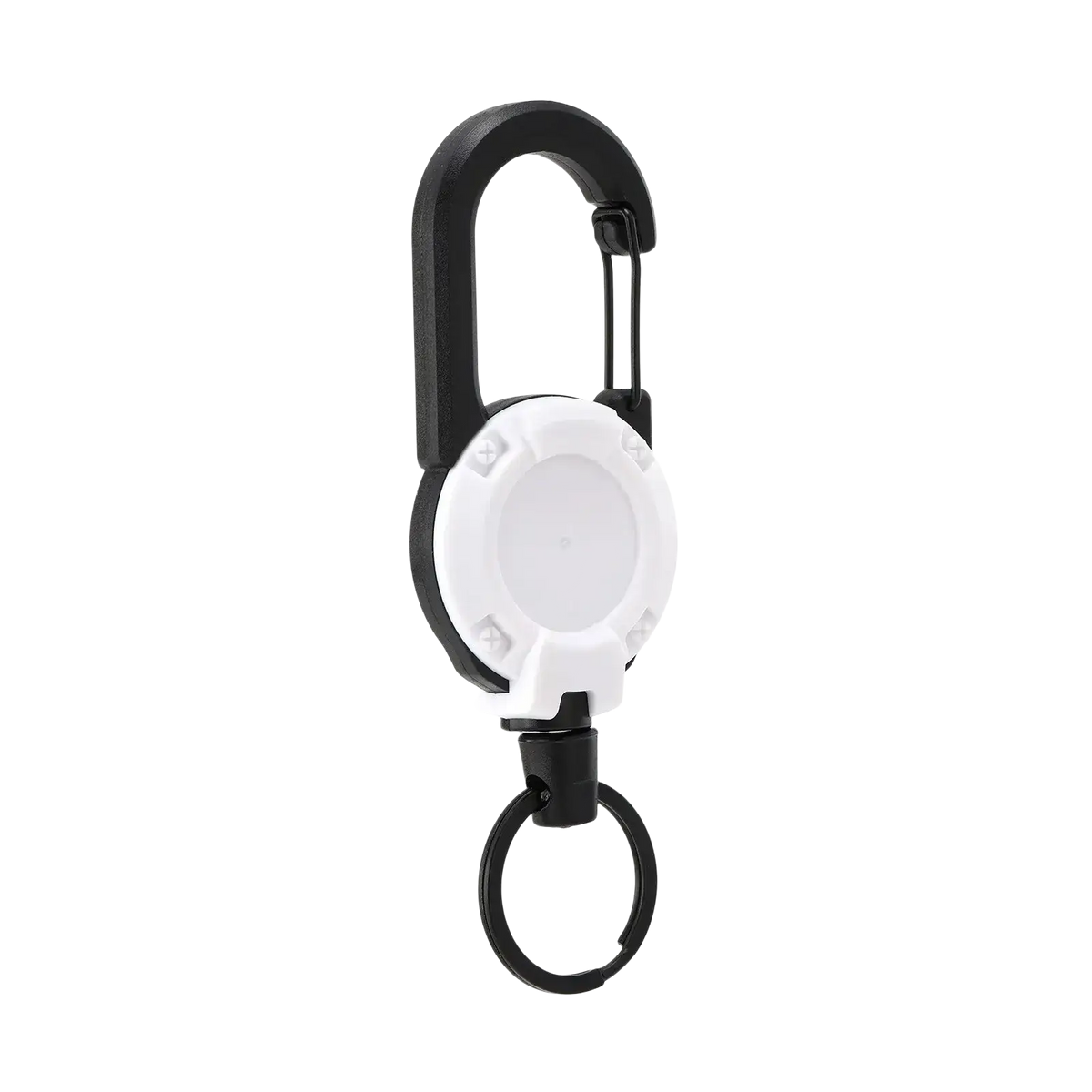 Black and white retractable carabiner keychain with heavy duty steel wire for secure and convenient key management