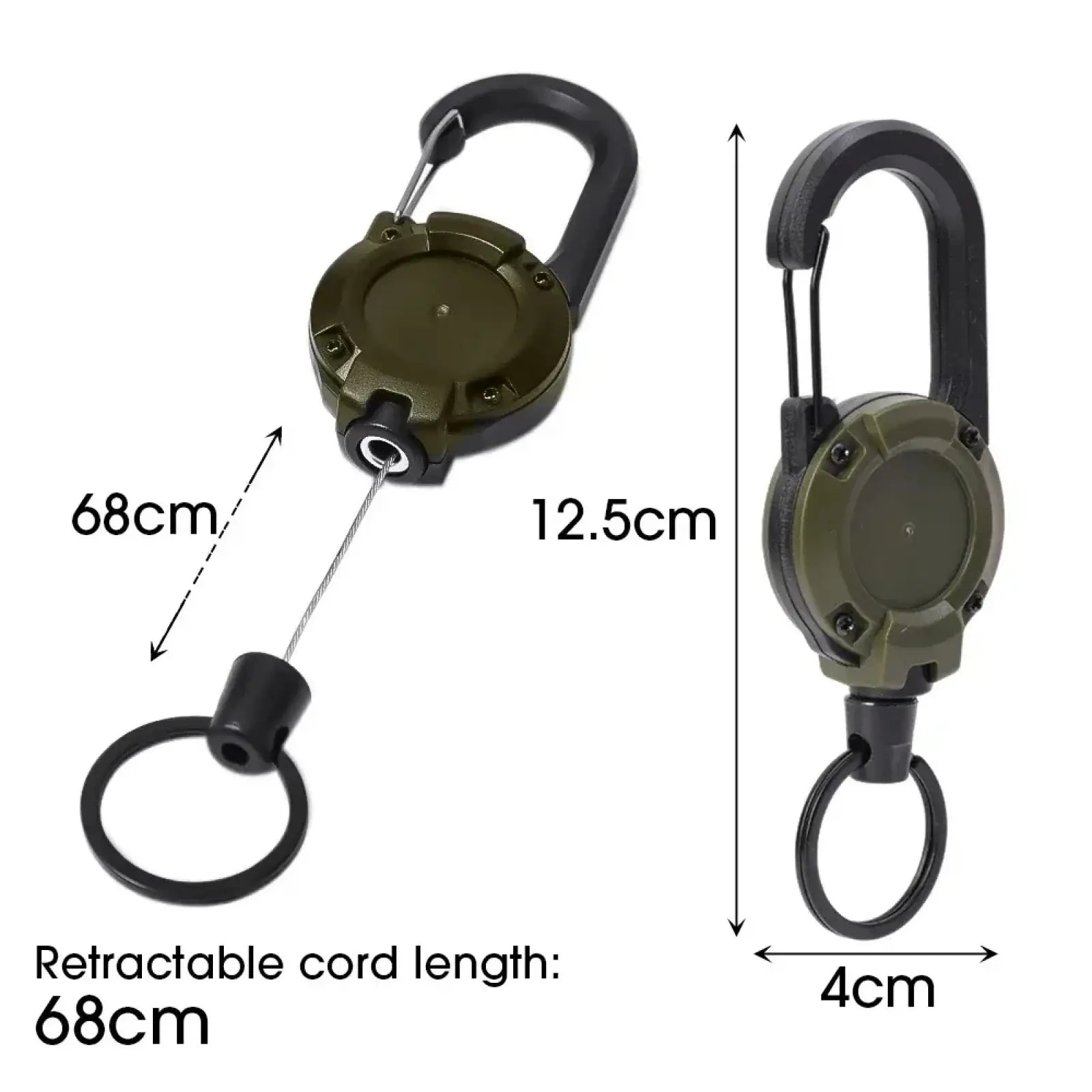 Olive green and black retractable carabiner keychain with heavy duty steel wire for secure key organization