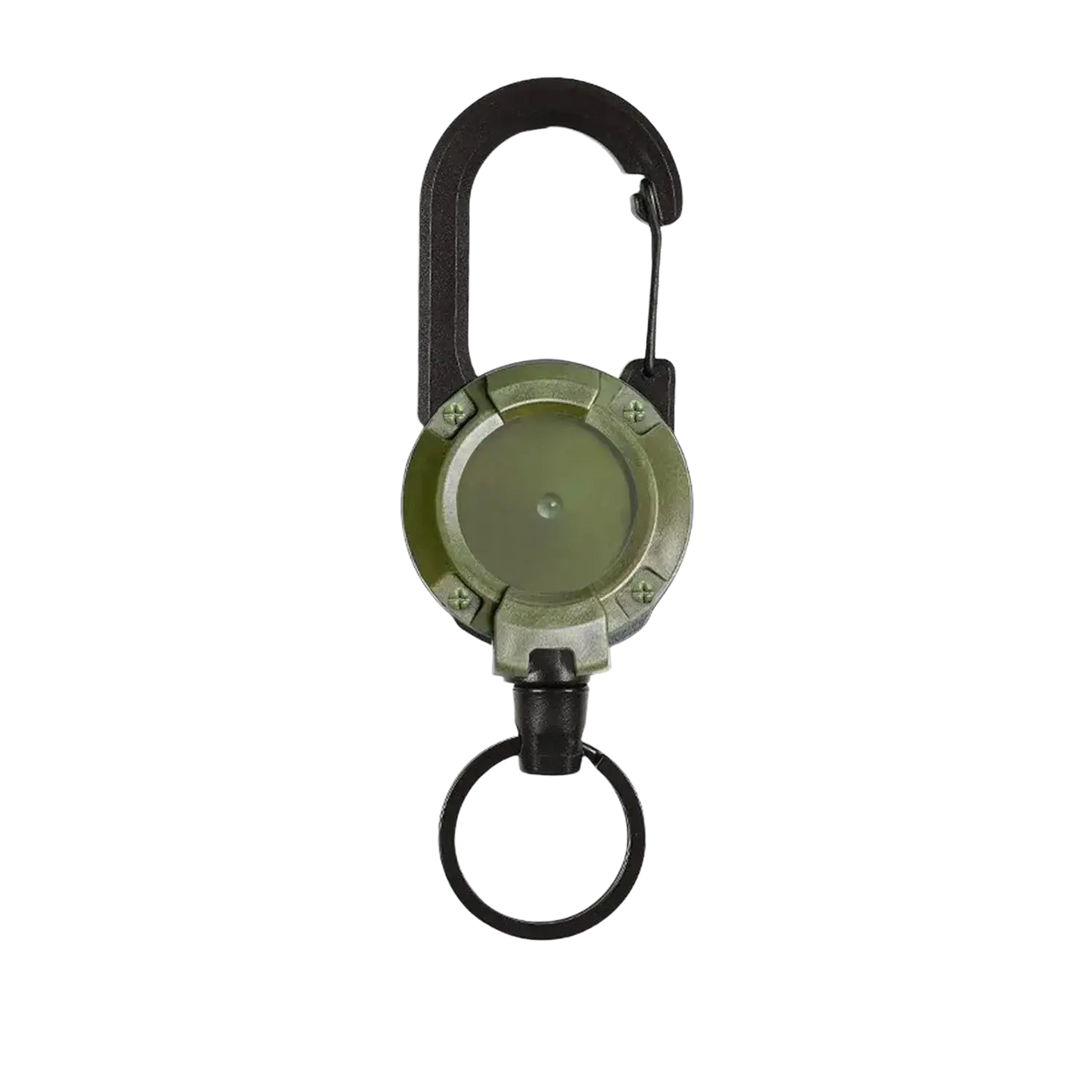 Olive green retractable carabiner keychain with heavy duty steel wire and black ring for secure key attachment
