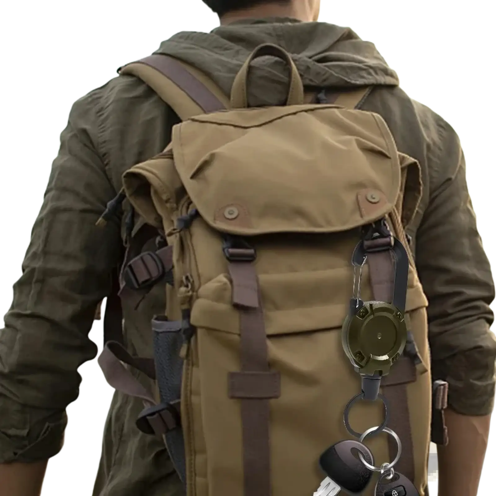 Olive green tactical retractable carabiner keychain with heavy duty steel wire for secure everyday carry use