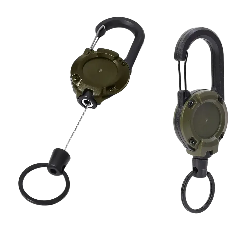 Olive green and black retractable carabiner keychain with heavy duty steel wire for secure key organization