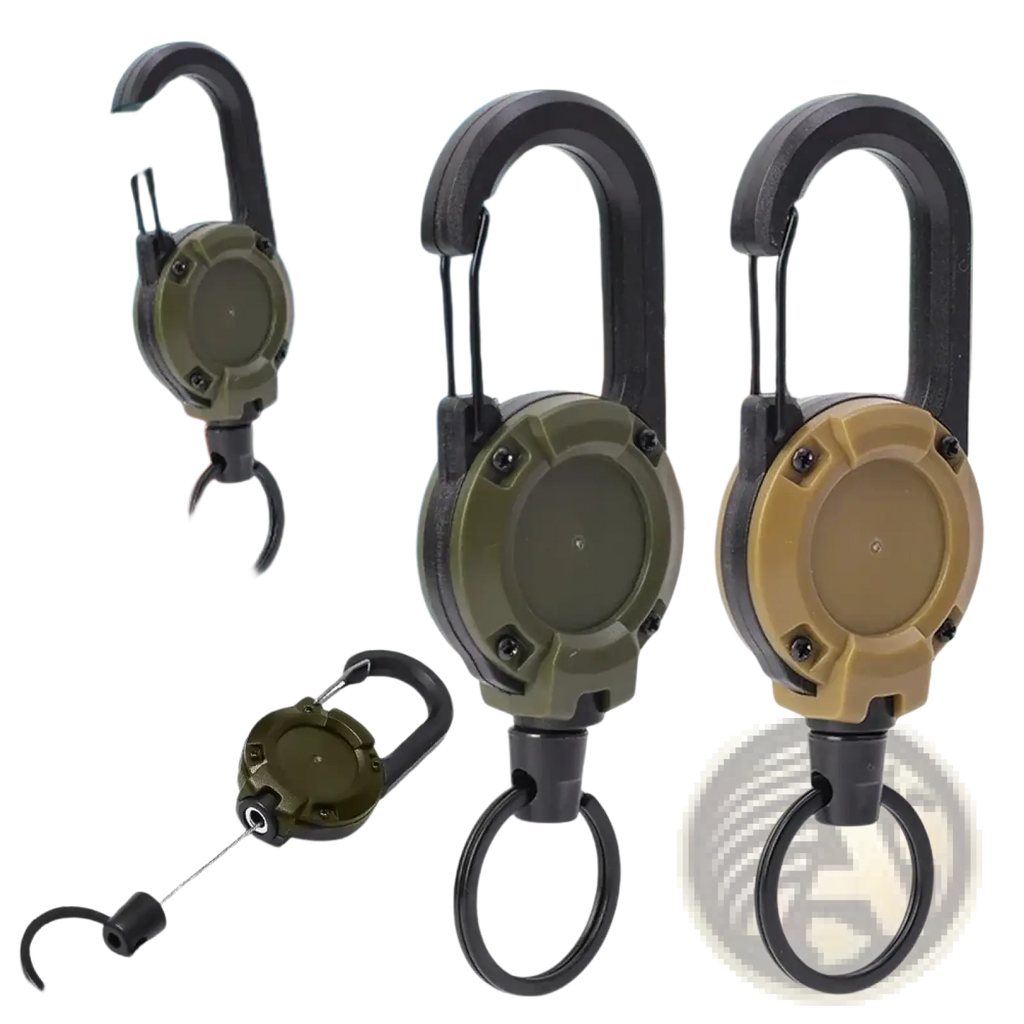Retractable carabiner keychain with heavy duty steel wire in olive and tan mountain clip with black metal hardware