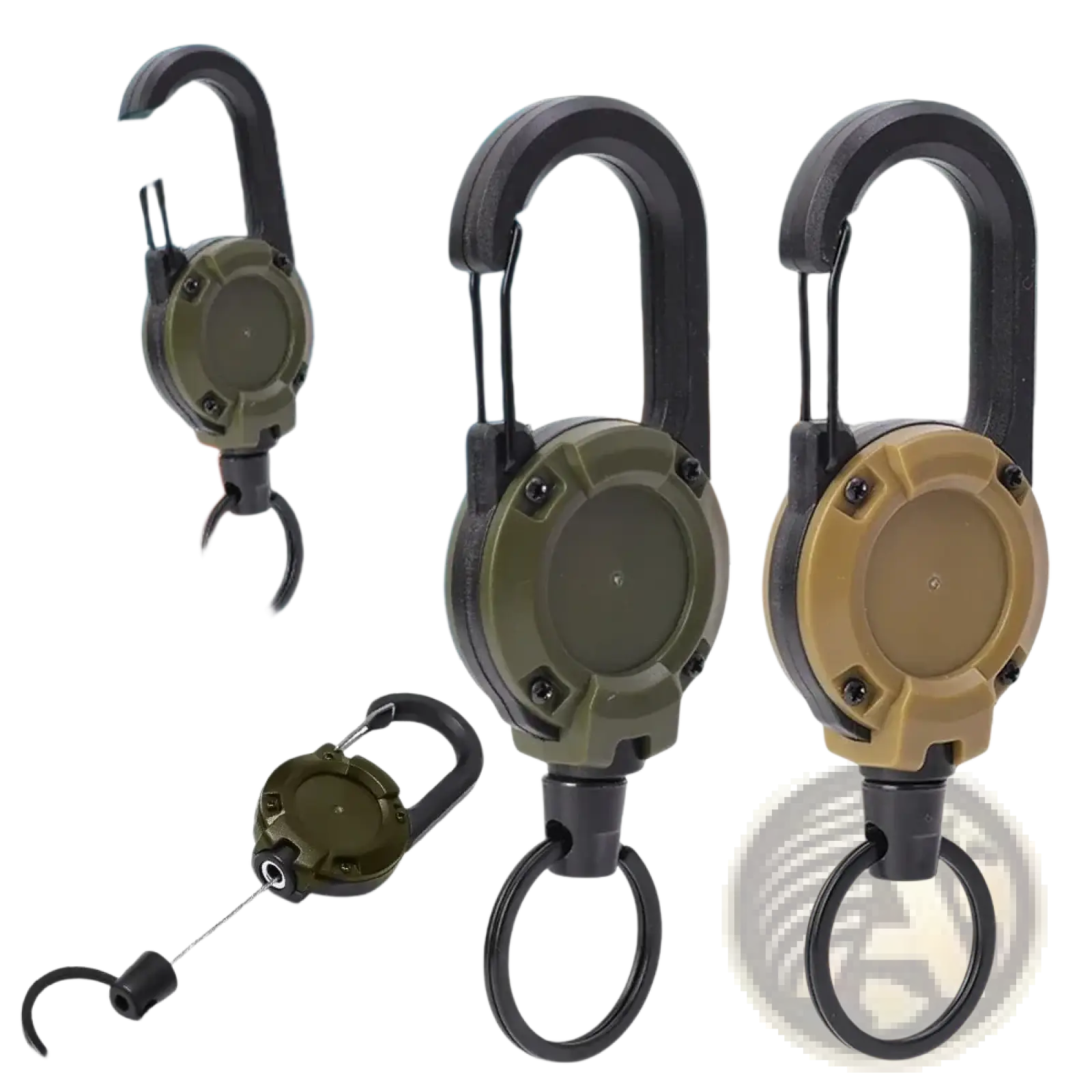 Retractable carabiner keychain with heavy duty steel wire in olive and tan mountain clip with black metal hardware