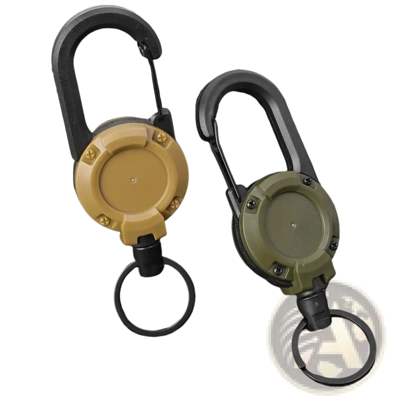 Two tactical-style retractable carabiner keychains in tan and olive green with heavy duty steel wire and matching rings