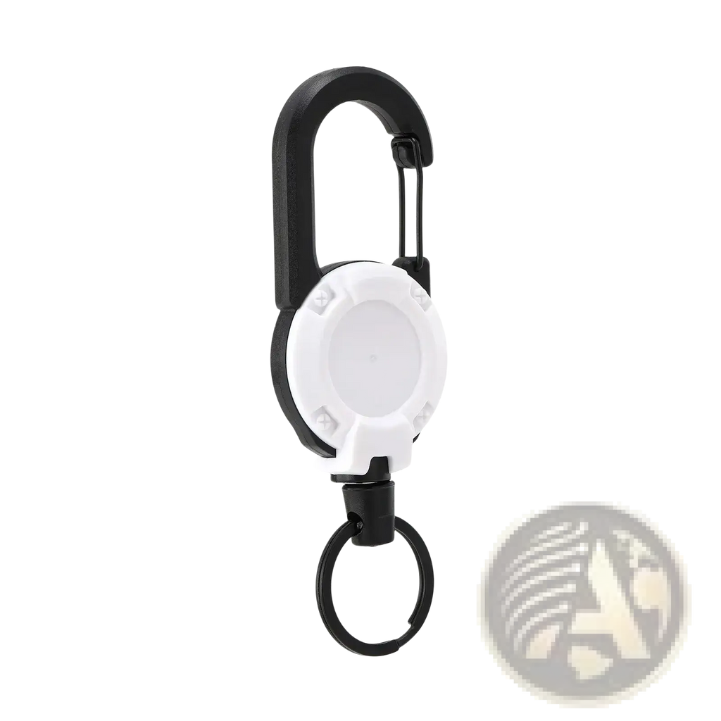 Black and white retractable carabiner keychain with heavy duty steel wire for secure and convenient key management
