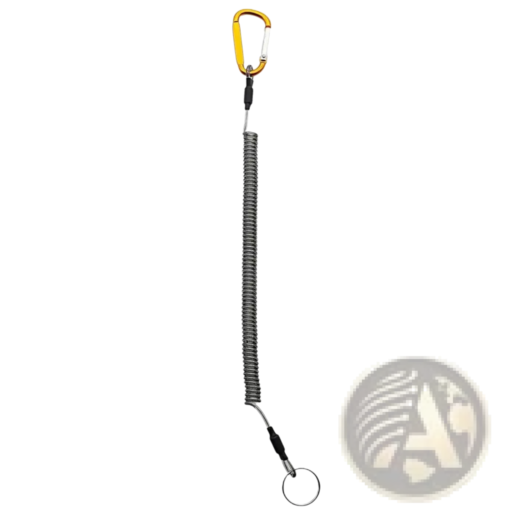 Yellow carabiner attached to a silver coiled metal retractable spring anti-lost lanyard keychain with black connectors and ring