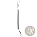 Yellow carabiner attached to a silver coiled metal retractable spring anti-lost lanyard keychain with black connectors and ring