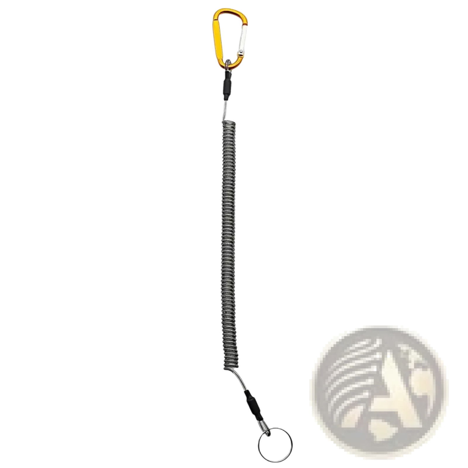 Yellow carabiner attached to a silver coiled metal retractable spring anti-lost lanyard keychain with black connectors and ring
