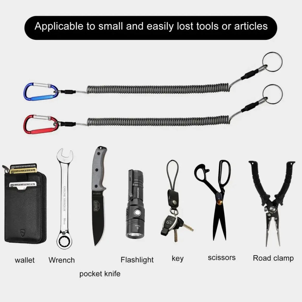 Black leather wallet with subtle embossed logo paired with a retractable coiled spring anti-lost lanyard keychain