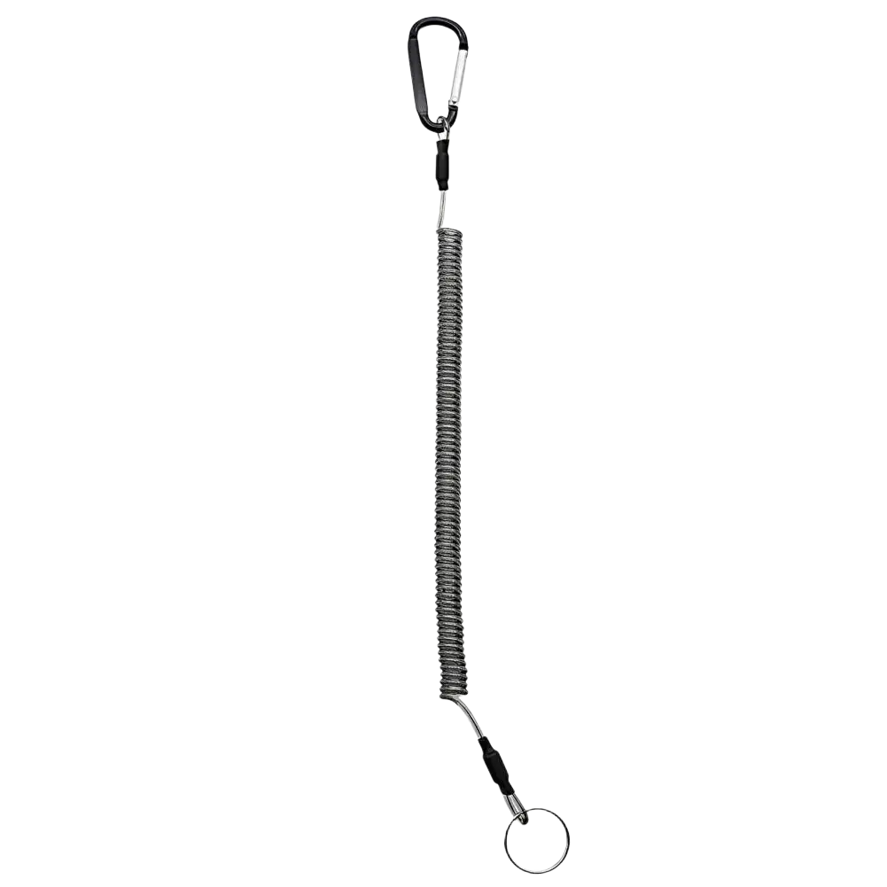 Black and silver coiled retractable spring safety lanyard with carabiner clip and key ring for anti-lost use