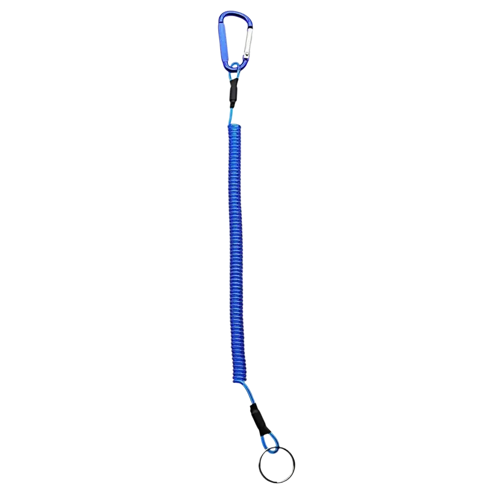 Retractable coiled spring anti-lost lanyard keychain in blue with carabiner clip and key ring for secure carrying