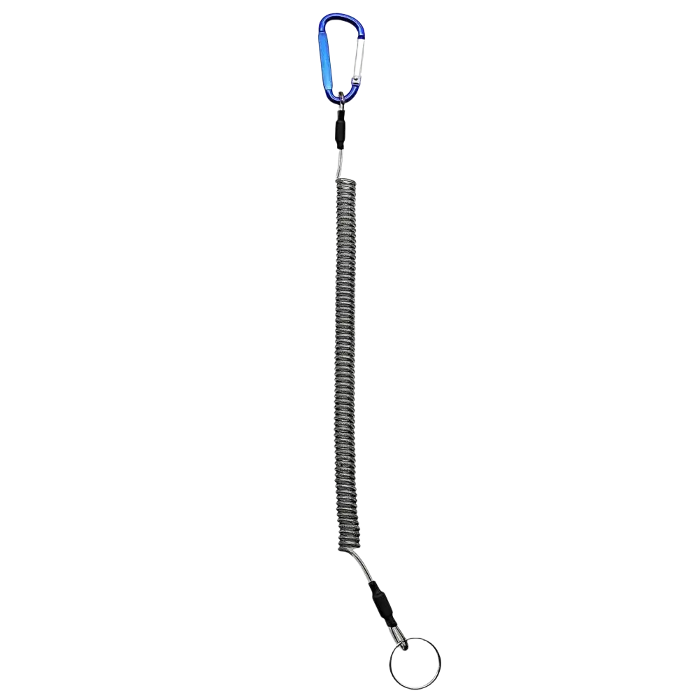 Blue carabiner attached to a silver retractable coiled spring lanyard with black connector and metal key ring end