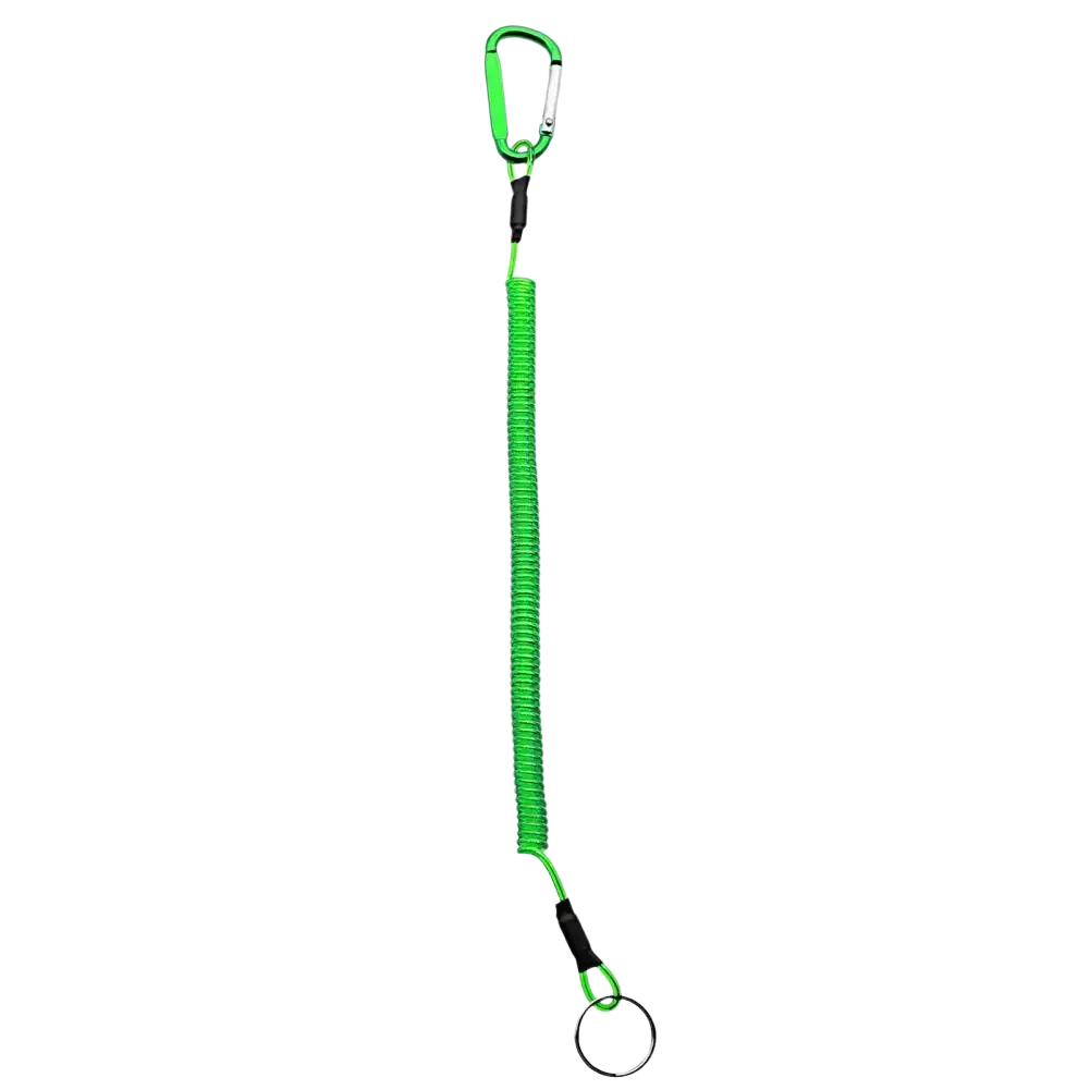 Bright green retractable coiled spring anti-lost lanyard keychain with carabiner clip and key ring for secure carrying