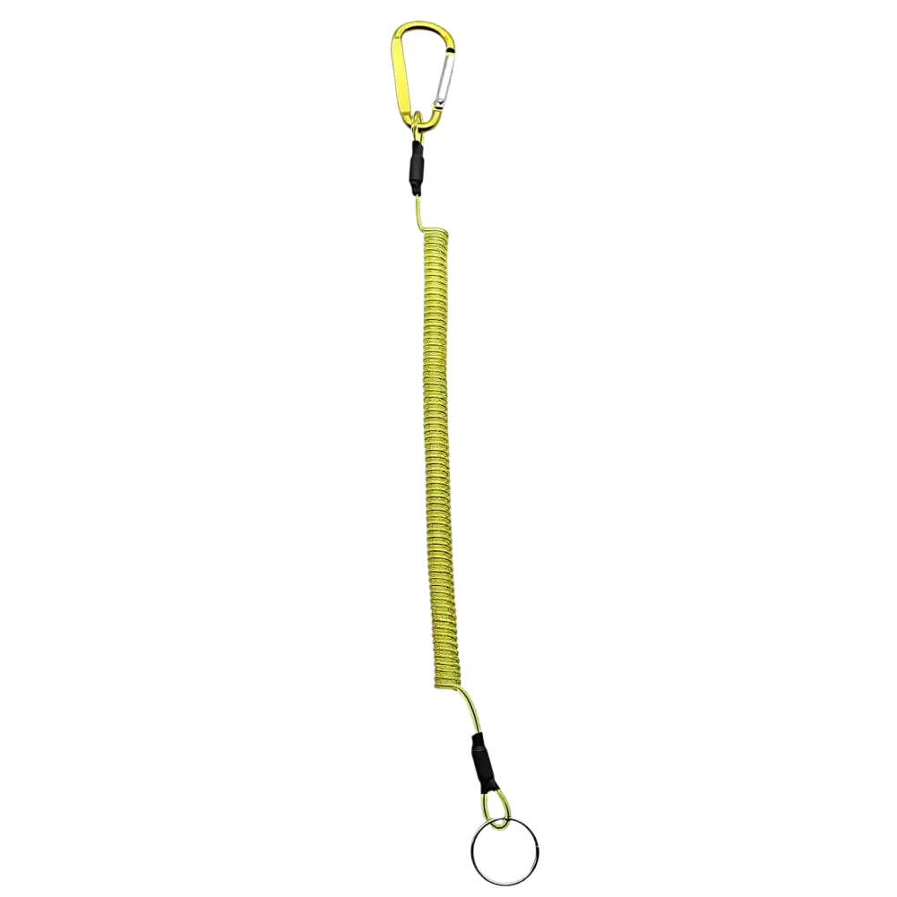 A bright yellow retractable coiled spring anti-lost safety lanyard keychain with carabiner clip and key ring