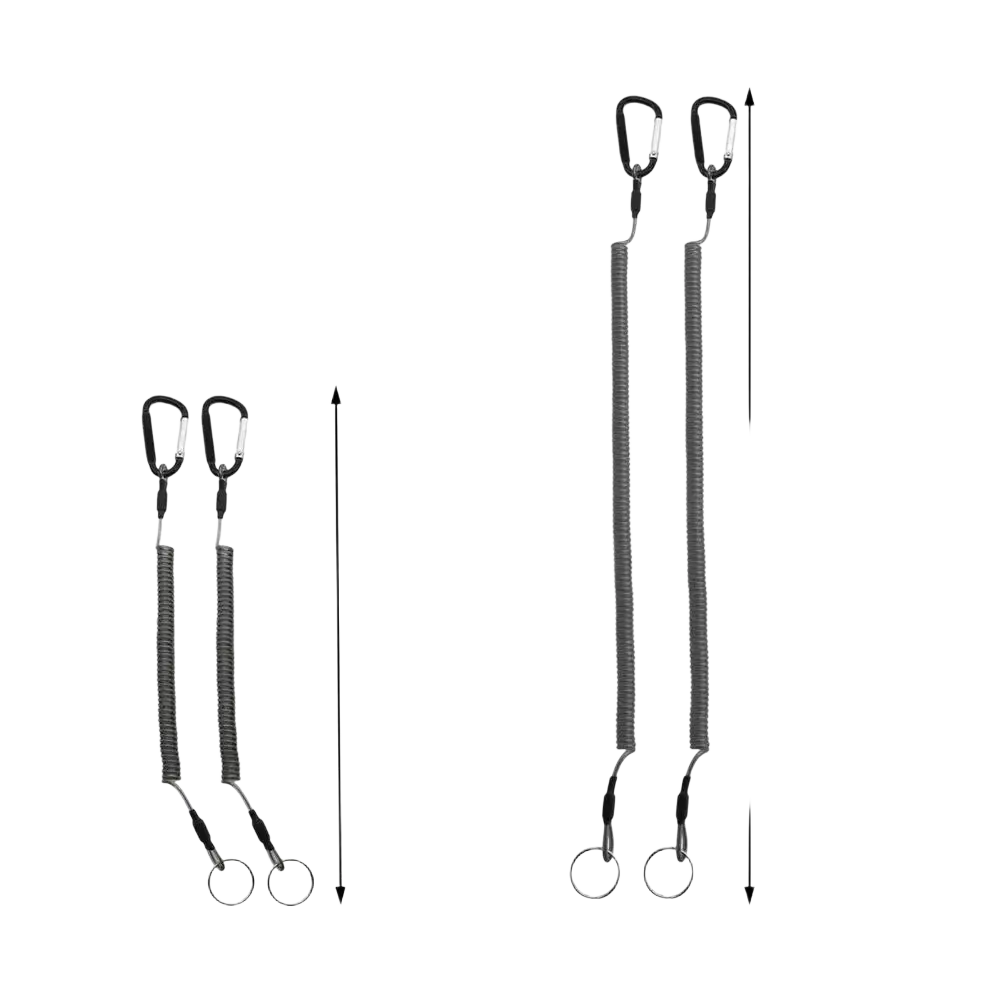 Gray retractable coiled spring anti-lost lanyard keychain with black carabiner clip and silver key ring in 100cm or 200cm