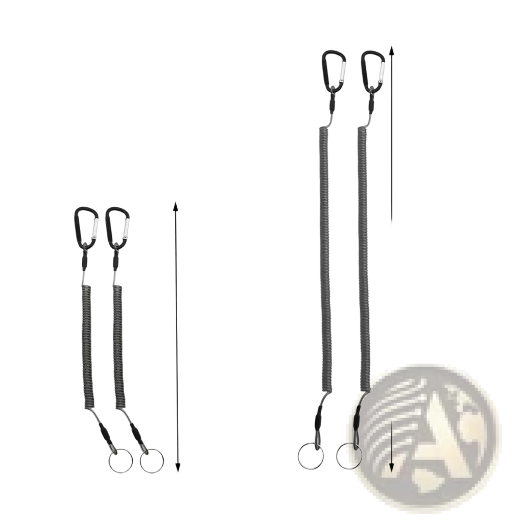 Gray retractable coiled spring anti-lost lanyard keychain with black carabiner clip and silver key ring in 100cm or 200cm