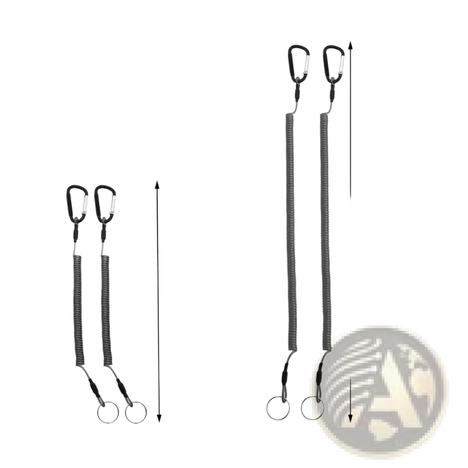Gray retractable coiled spring anti-lost lanyard keychain with black carabiner clip and silver key ring in 100cm or 200cm