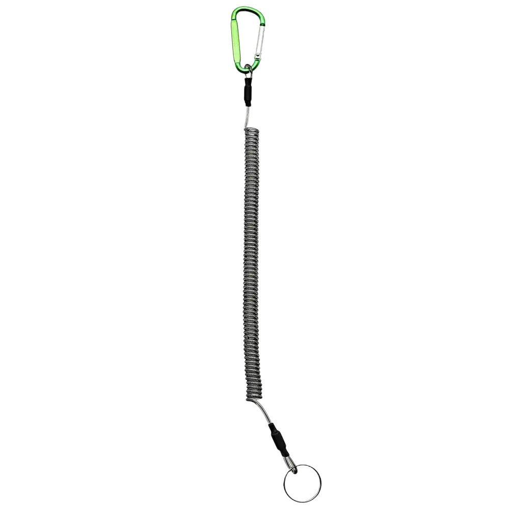 Green retractable coiled spring anti-lost lanyard keychain with metal cord, black plastic connectors, and circular key ring