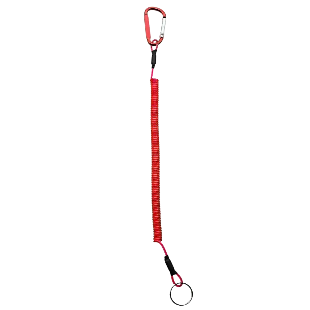 Red retractable coiled spring keychain with carabiner clip and metal ring for anti-lost lanyard use