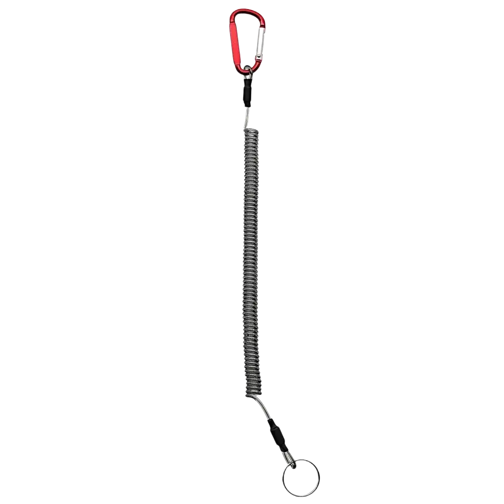 Retractable coiled spring anti-lost lanyard keychain with red carabiner, silver metal cord, black plastic connectors, and key ring