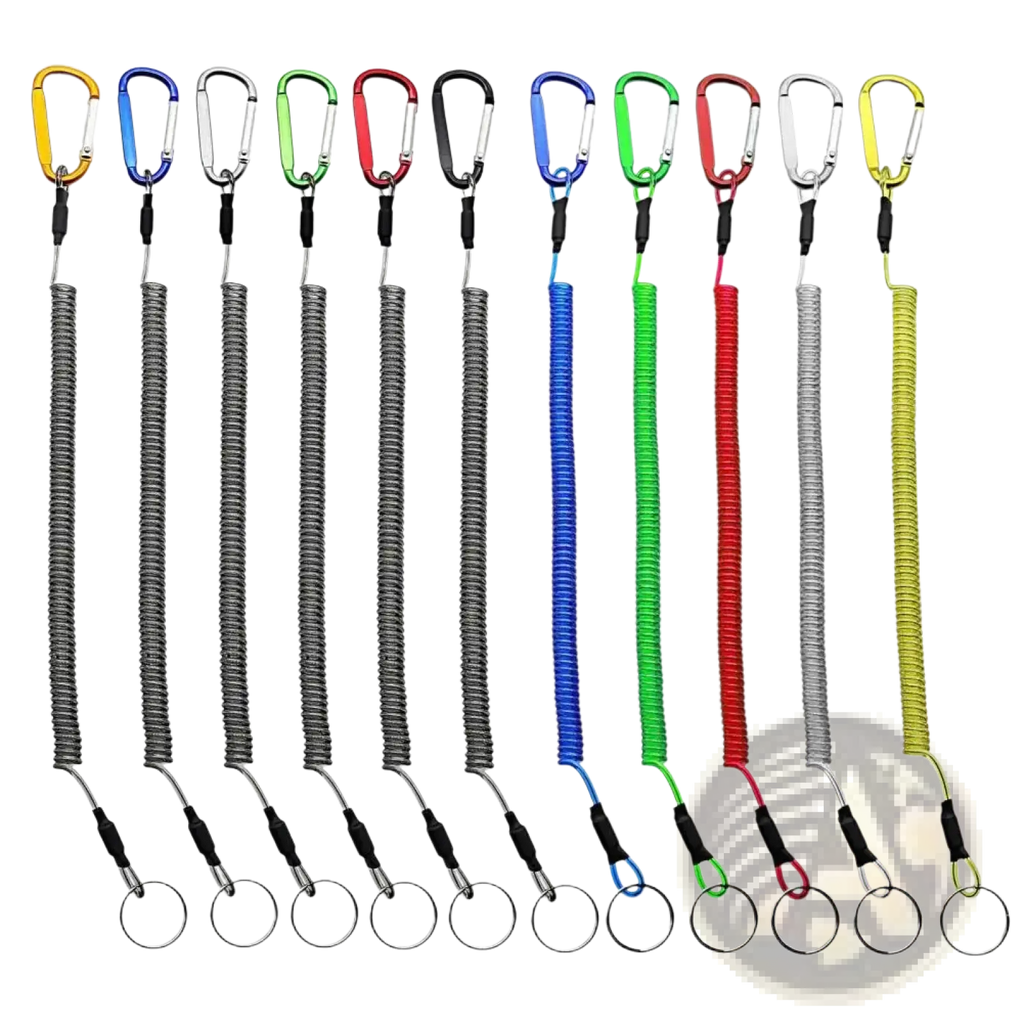 A set of colorful retractable coiled spring anti-lost lanyard keychains with carabiner clips and key rings