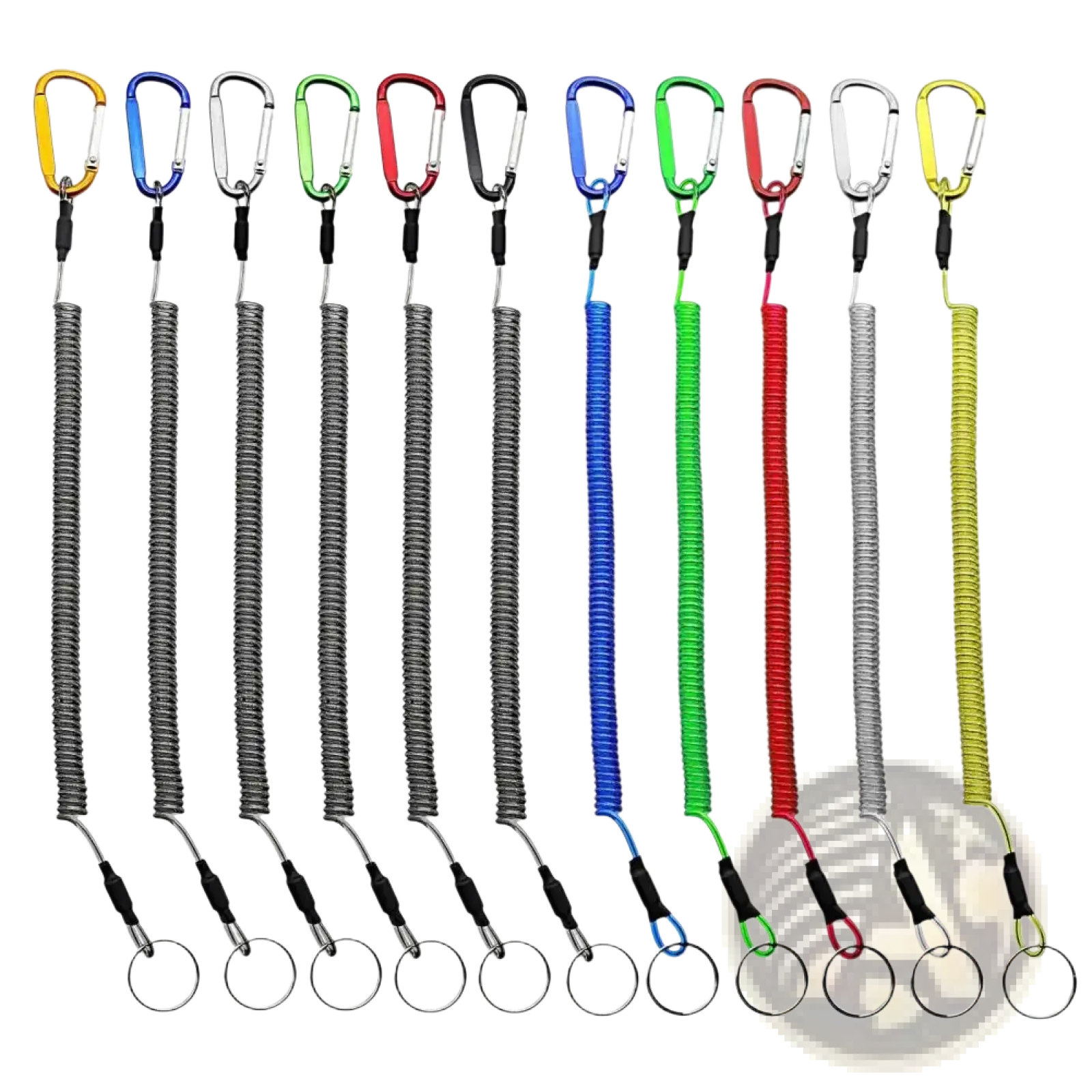 A set of colorful retractable coiled spring anti-lost lanyard keychains with carabiner clips and key rings