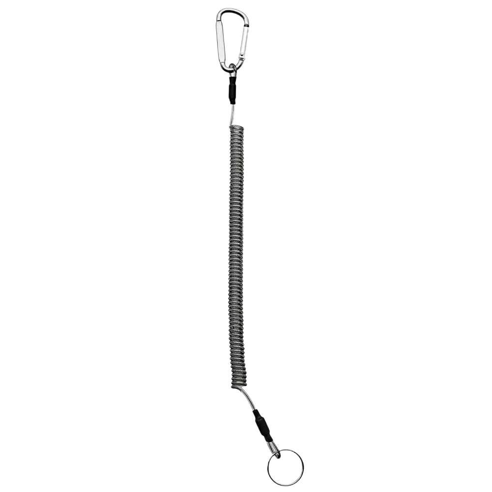 Silver coiled retractable spring keychain with carabiner clip and circular ring for anti-lost lanyard use