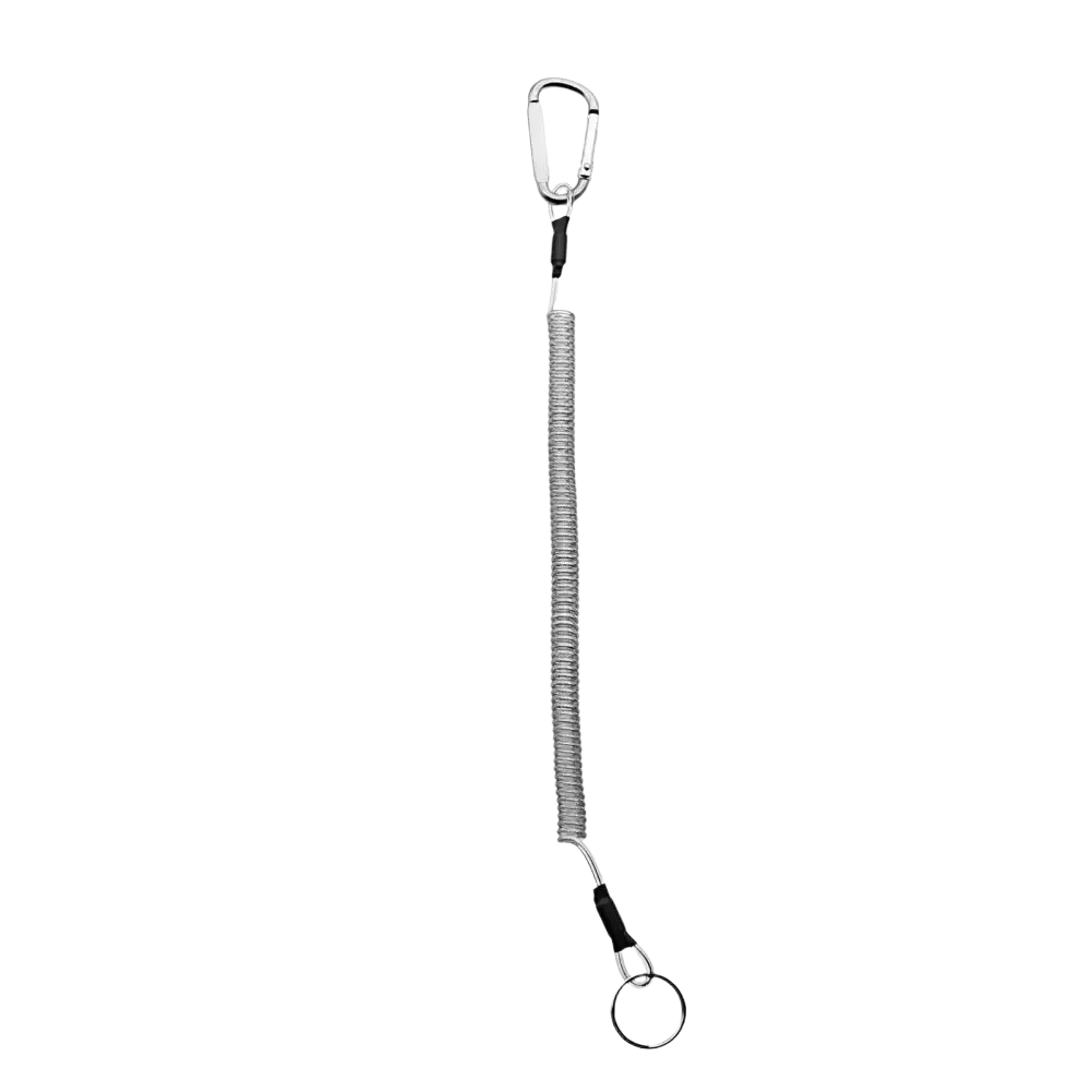 Silver retractable coiled spring anti-lost lanyard keychain with carabiner clip and small ring at the end