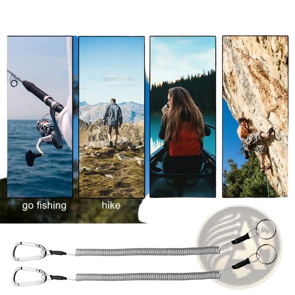 Retractable coiled silver spring anti-lost lanyard keychain with black plastic connectors and metal carabiners