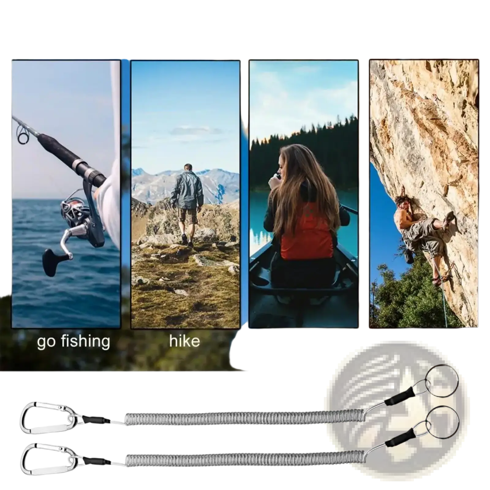 Retractable coiled silver spring anti-lost lanyard keychain with black plastic connectors and metal carabiners