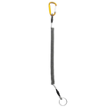 Yellow carabiner attached to a silver coiled metal retractable spring anti-lost lanyard keychain with black connectors and ring
