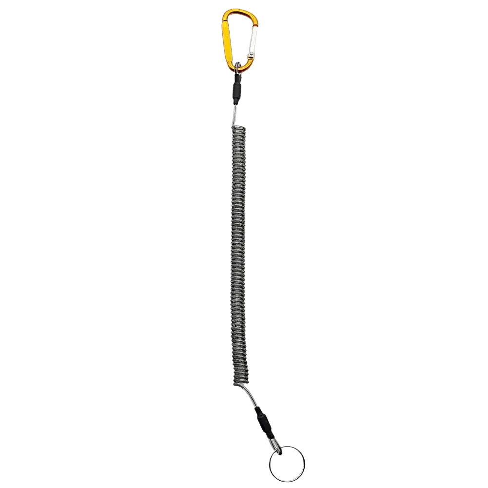 Yellow carabiner attached to a silver coiled metal retractable spring anti-lost lanyard keychain with black connectors and ring