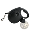 Black retractable dog leash with ergonomic handle and silver metal clasp featuring one button brake lock mechanism