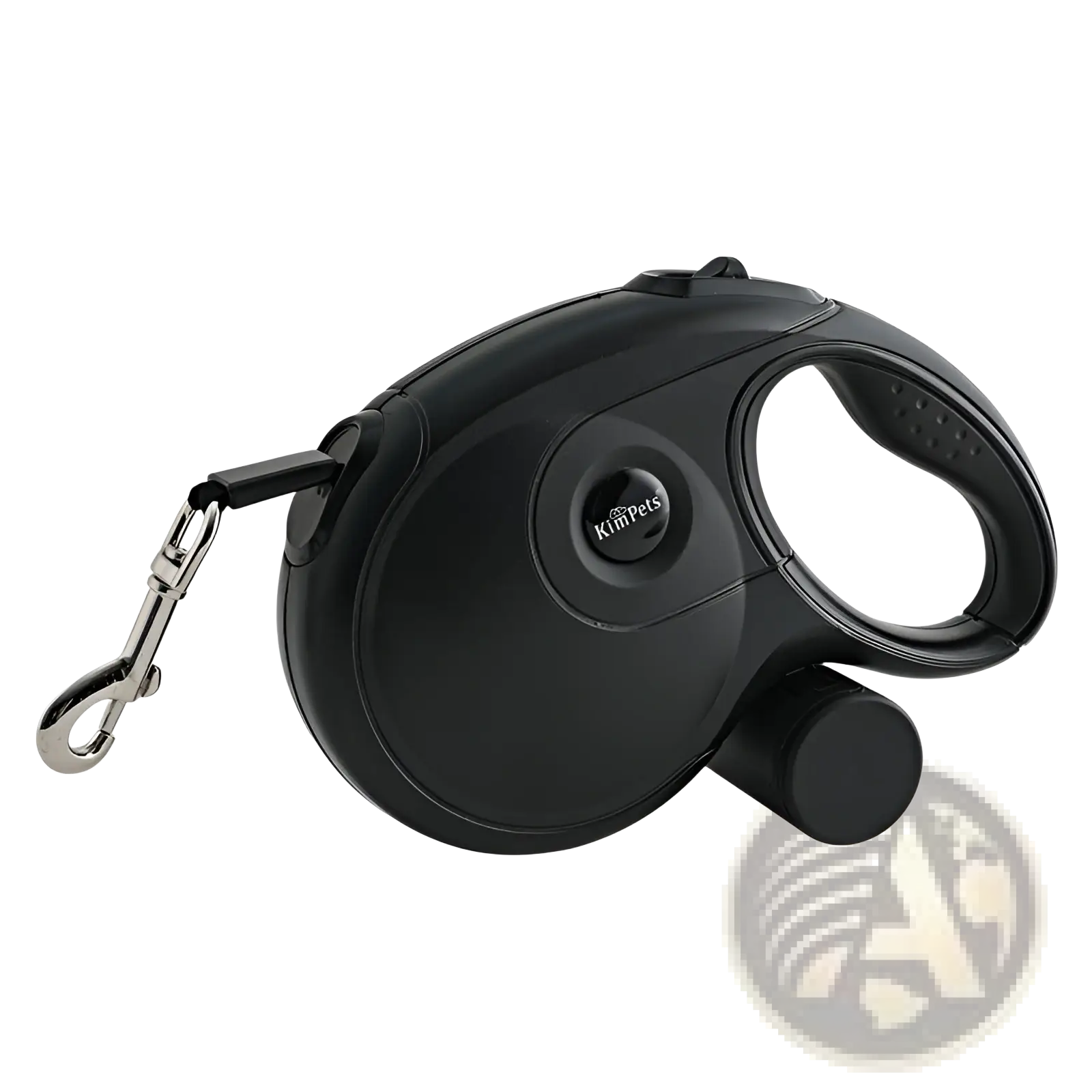 Black retractable dog leash with ergonomic handle and silver metal clasp featuring one button brake lock mechanism
