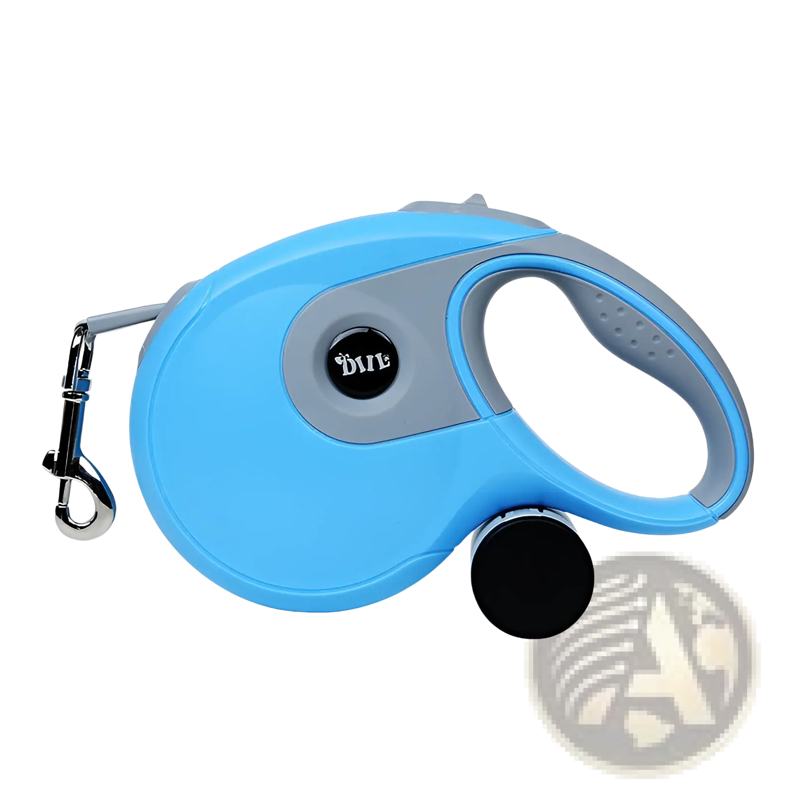 Retractable dog leash ergonomic one button brake lock with light blue gray body black button and textured grip handle