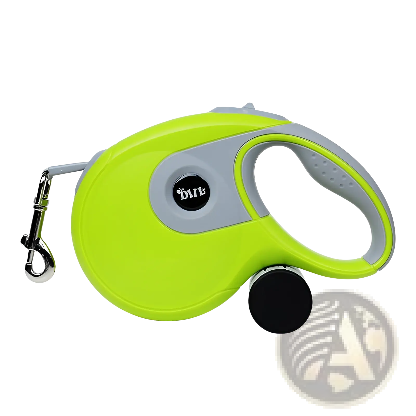 Retractable dog leash with ergonomic handle lime green and gray one button brake lock and silver metal clasp