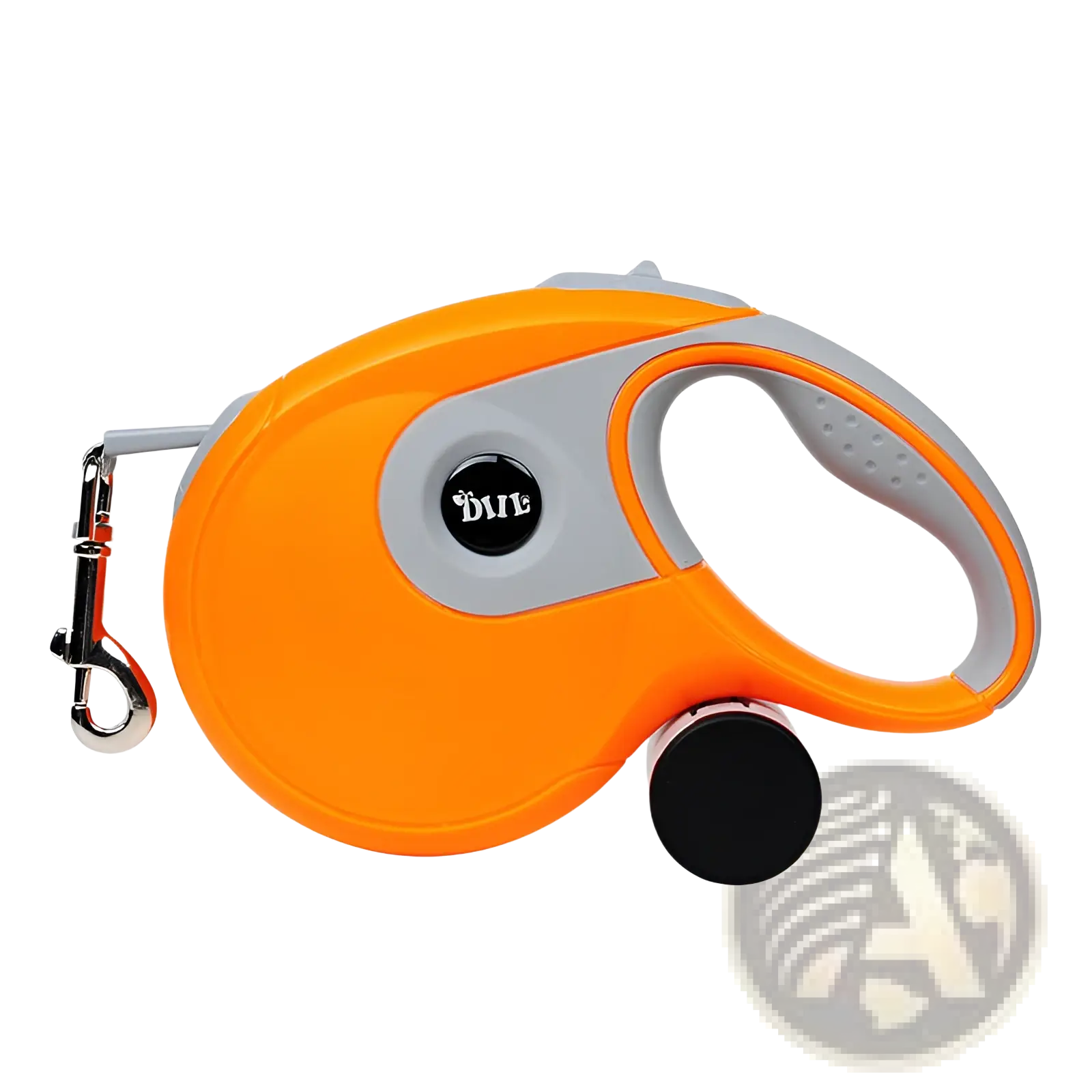 Bright orange and gray ergonomic retractable dog leash with one button brake lock and black metal clip