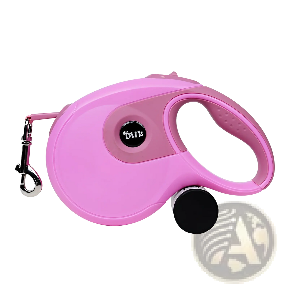 Pink retractable dog leash with ergonomic one button brake lock glossy plastic body black button and metal clasp