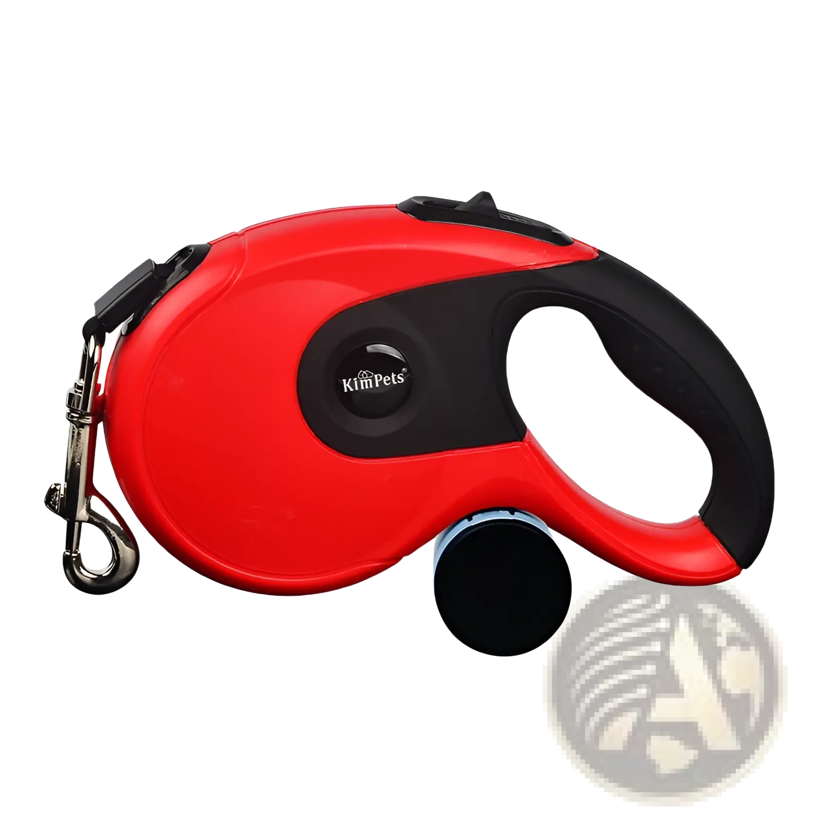 Red and black retractable dog leash with ergonomic design and one button brake lock for easy control and safety