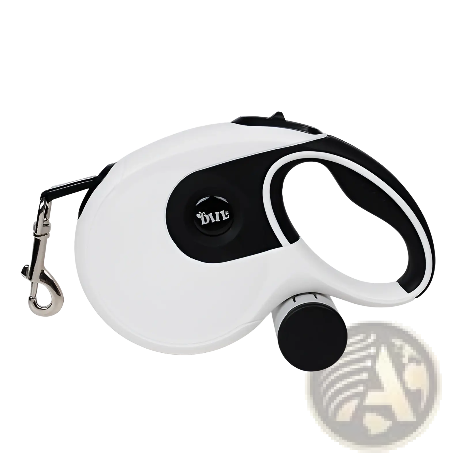 Retractable dog leash with ergonomic one button brake lock featuring a white and black handle and metallic clasp