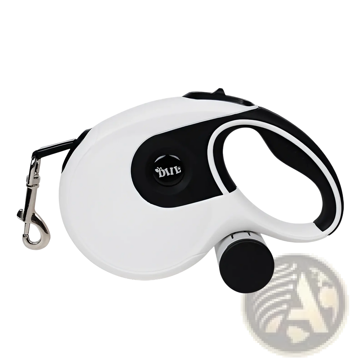 Retractable dog leash with ergonomic one button brake lock featuring a white and black handle and metallic clasp